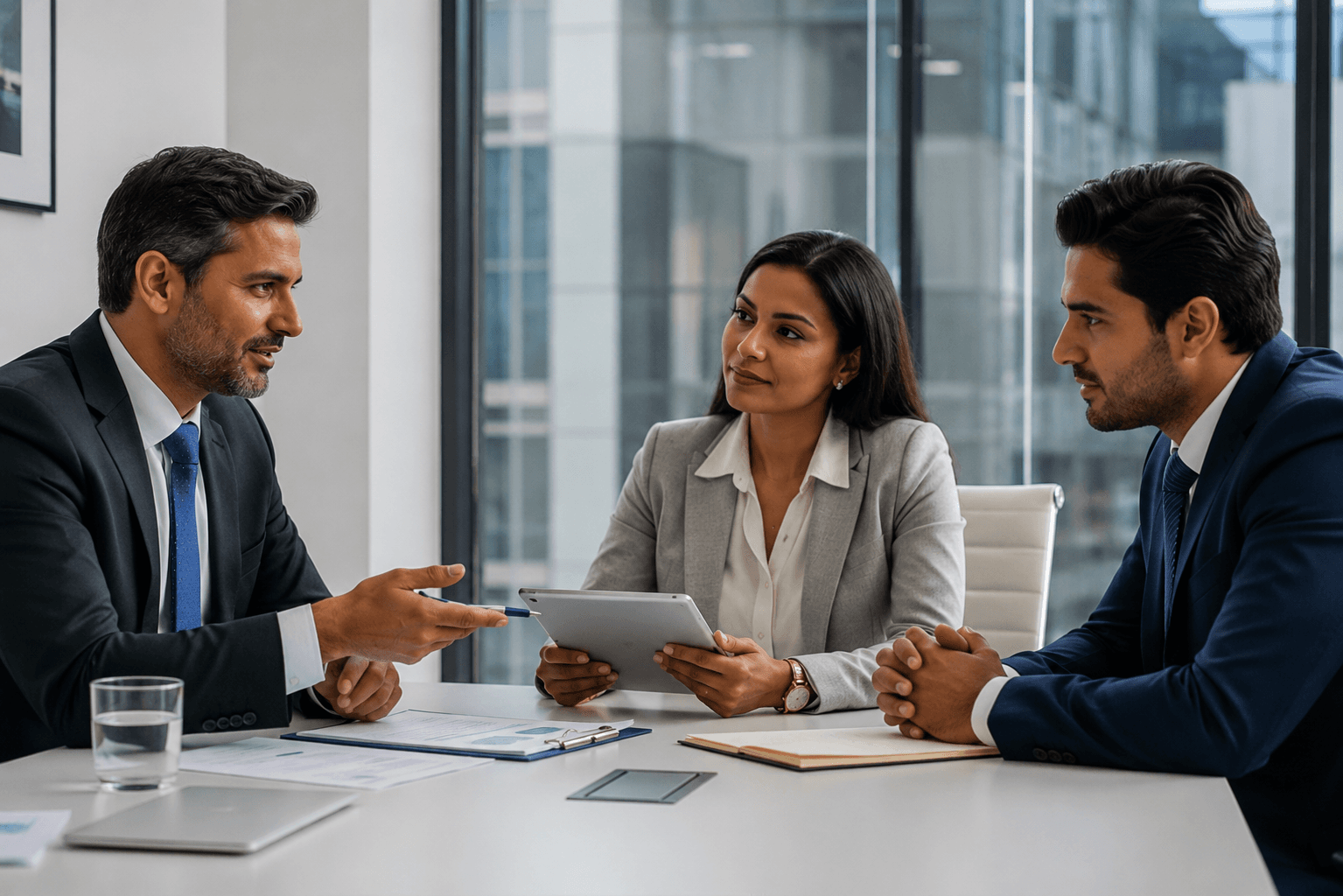 Three colleagues in discussion around a tablet at a boardroom table