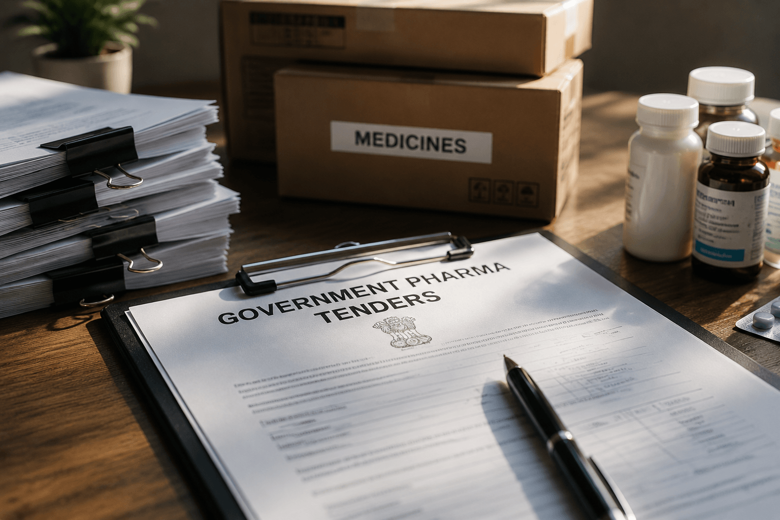 A government pharmaceutical tender document on a desk beside cartons of medicine